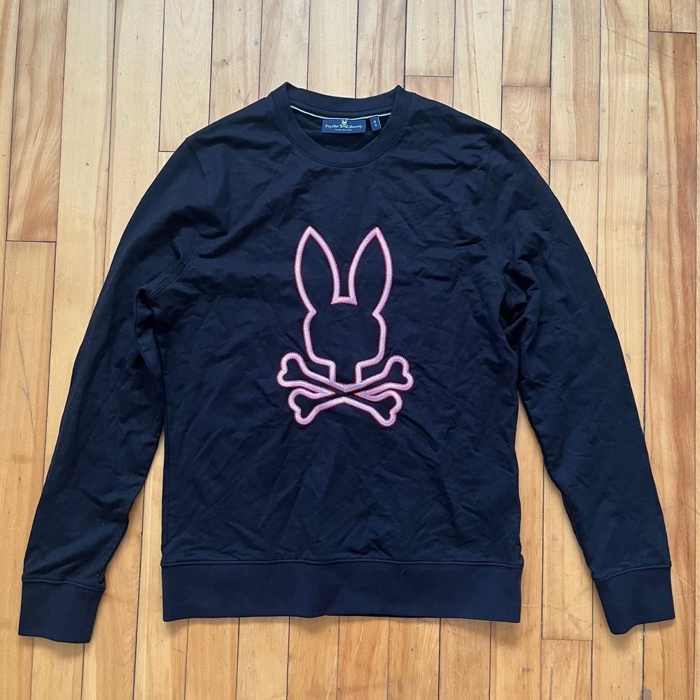 Psycho Bunny Black Crewneck Sweatshirt Embroidered Bunny Skull Logo XS TP